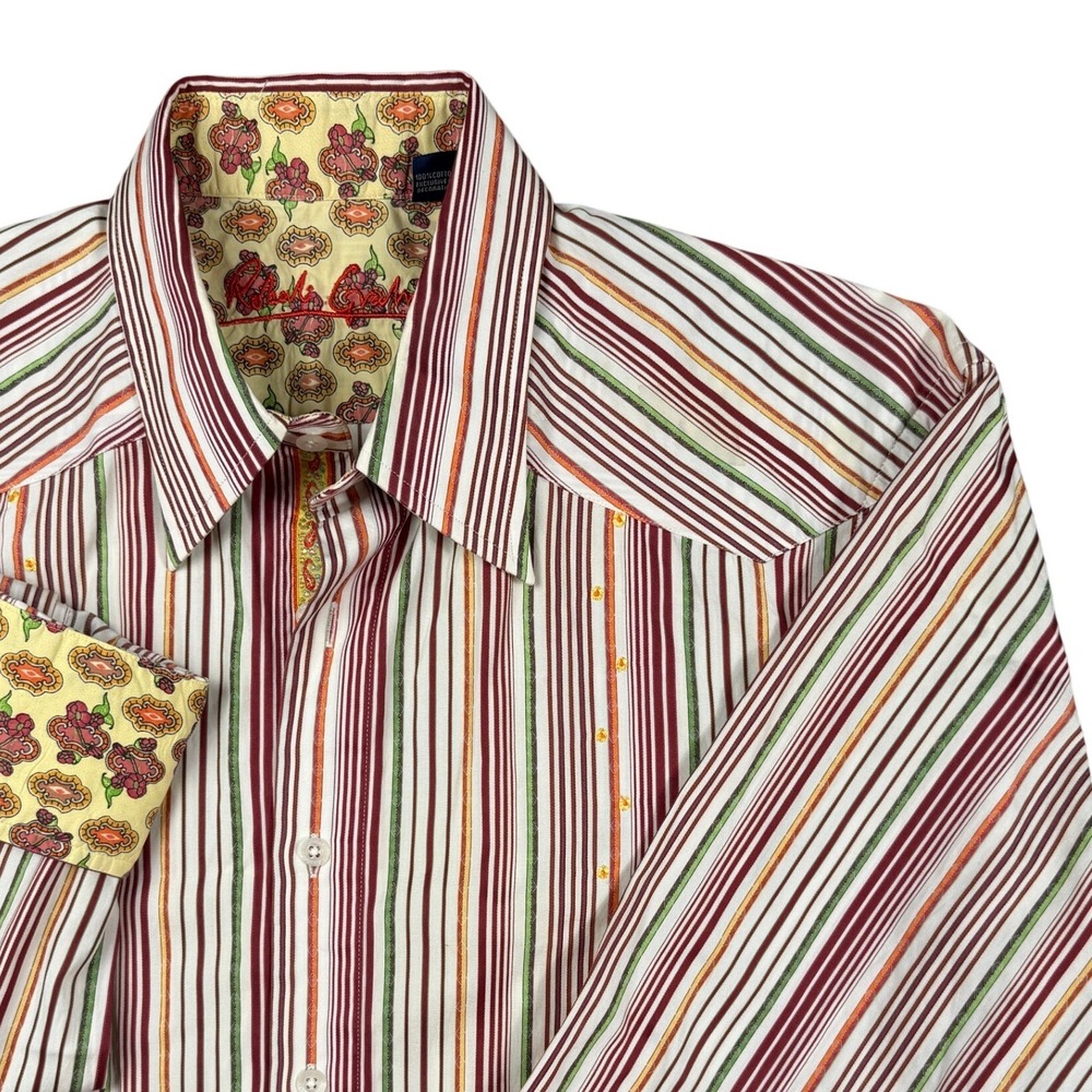 Robert Graham Mens Large Striped Button Down Shirt Floral Flip Cuffs Multi Color